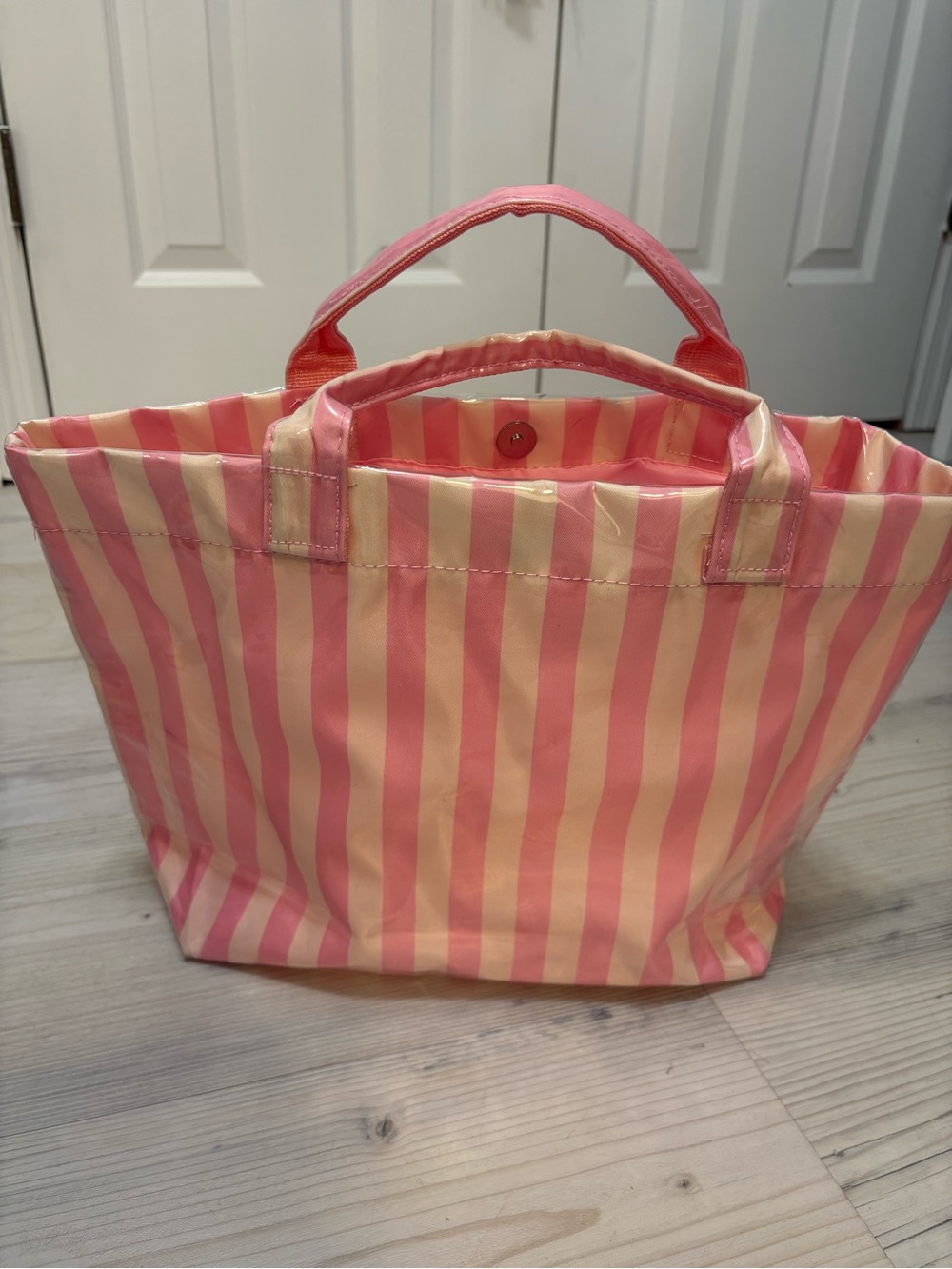 Wipeable Clear Pink White Stripes PVC Tote Bag